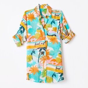 Violet Sky Longline Lightweight Tropical Vacation Theme Cover Up Shirt Top Sz LG